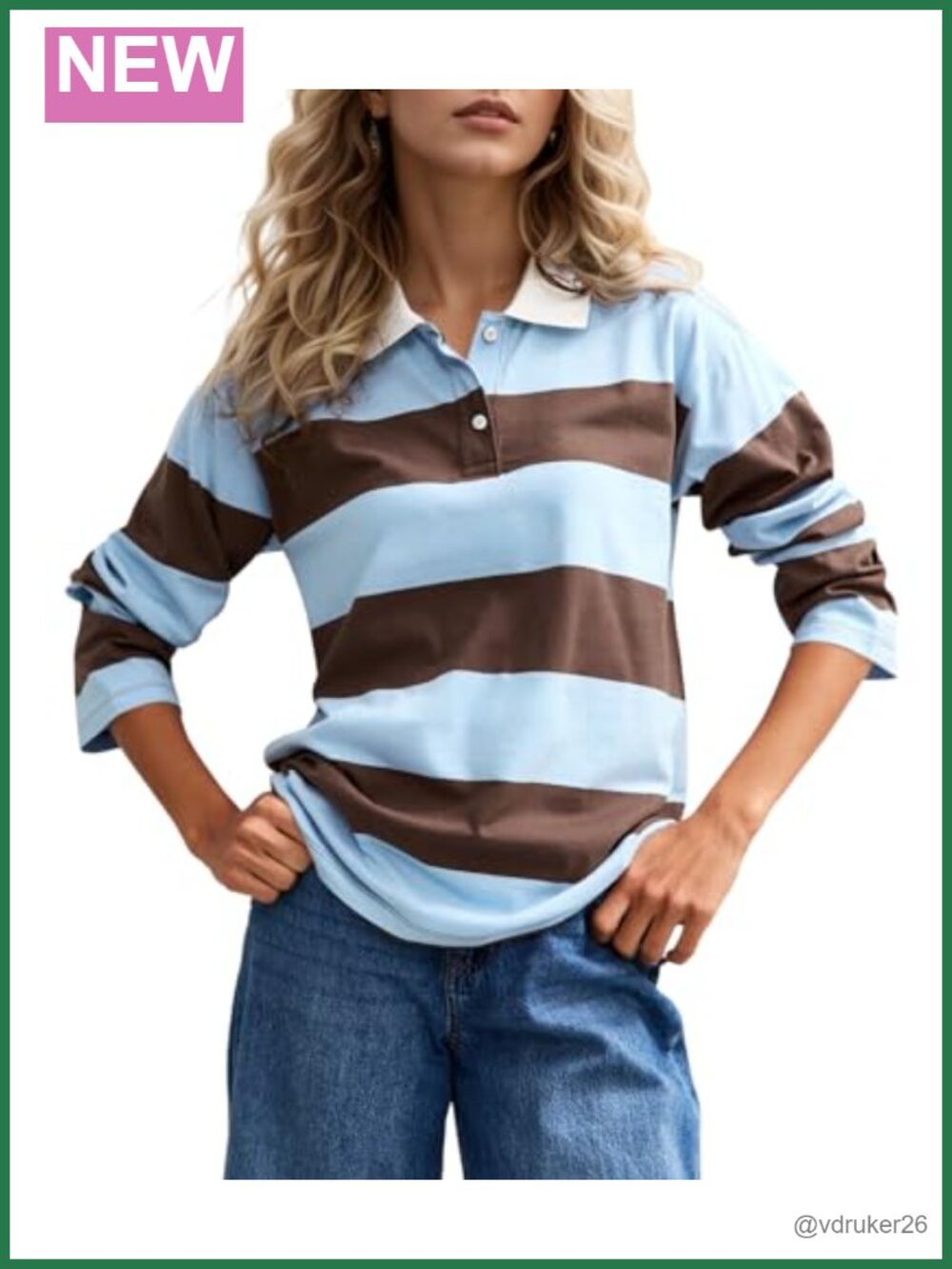 Striped Long Sleeve Polo Shirt Cotton Blend Loose Fit Casual Workout Top